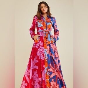 🎸FARM Rio🎸🔥NWT🔥Floral Print Tie-Waist Long Sleeve Midi Dress in Pink— Size S